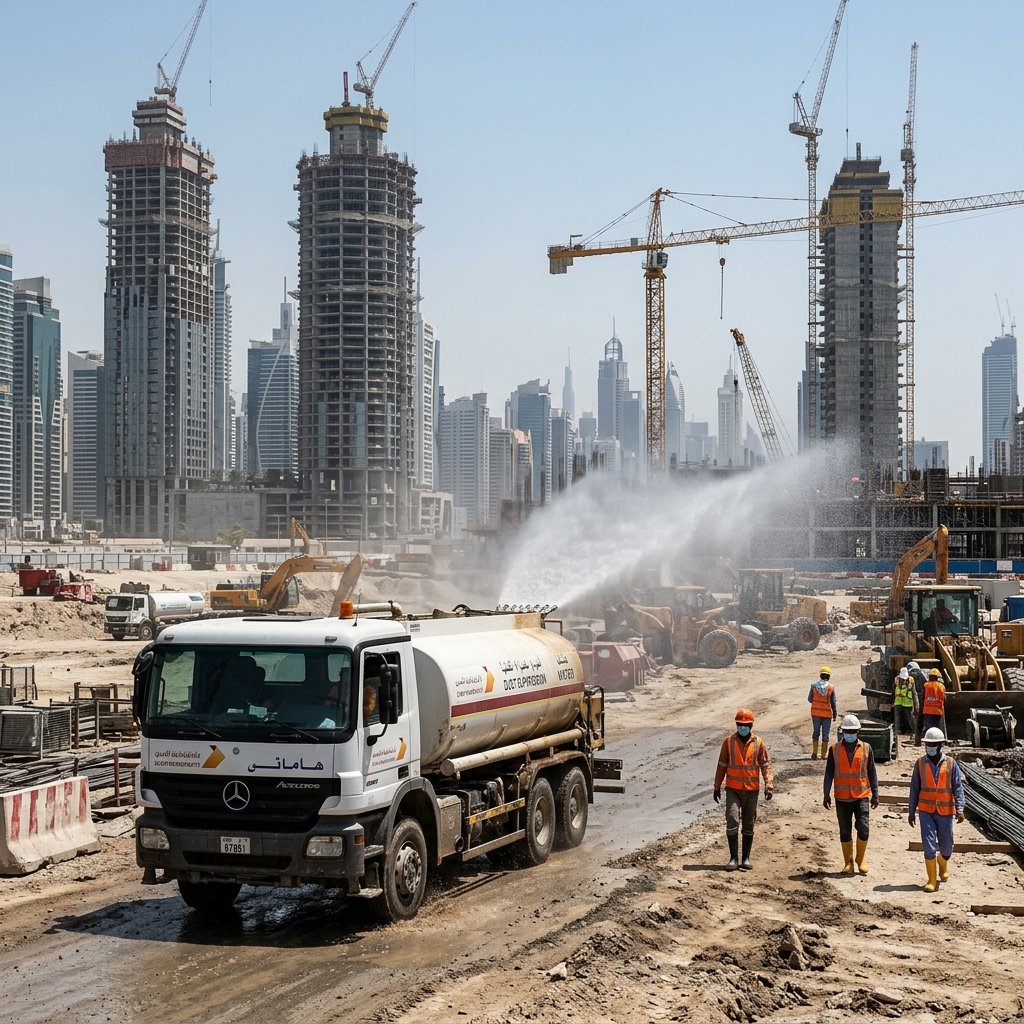 Water tanker supplying construction site with bulk water in Dubai