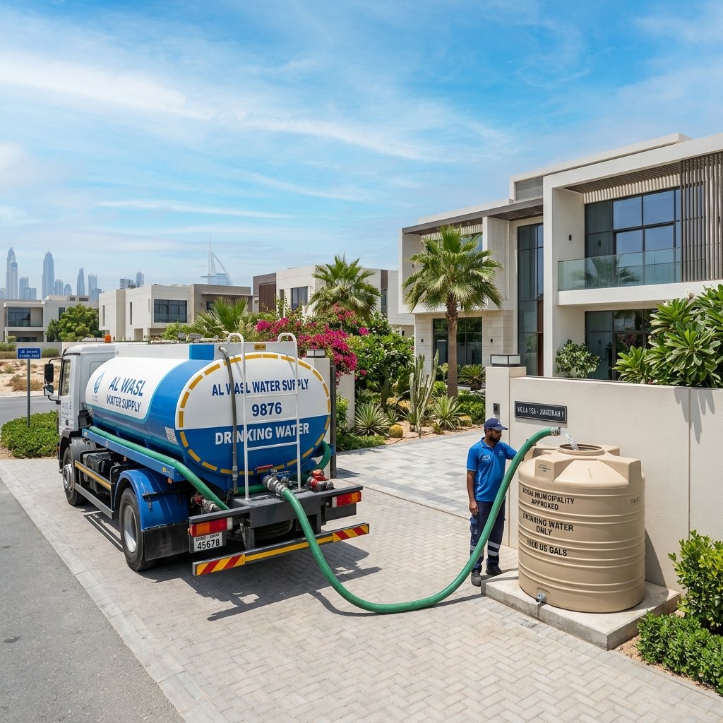 Sweet water tanker filling a residential home water tank in Dubai