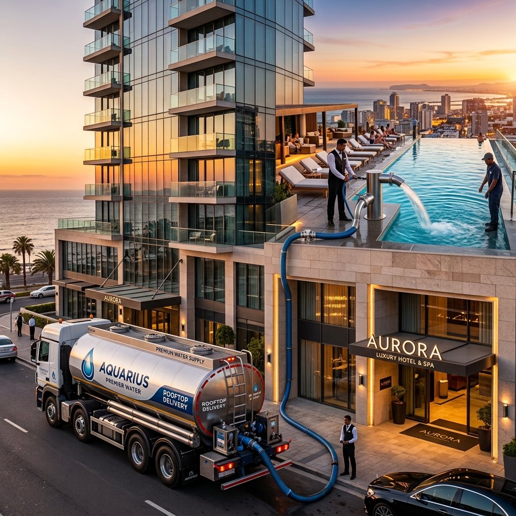 Water tanker supplying a hotel pool and storage tank in Dubai