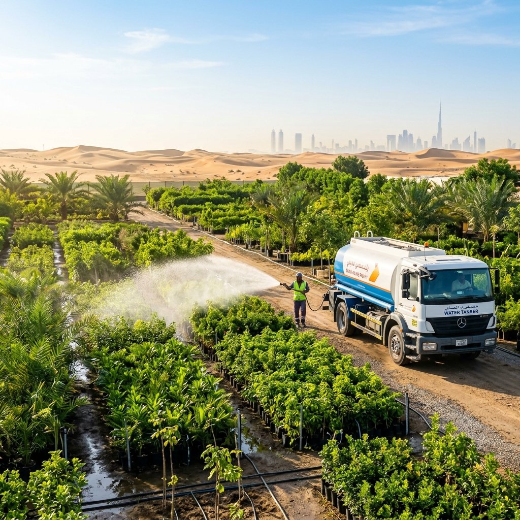 Water tanker irrigating nursery and landscaping plants in Dubai