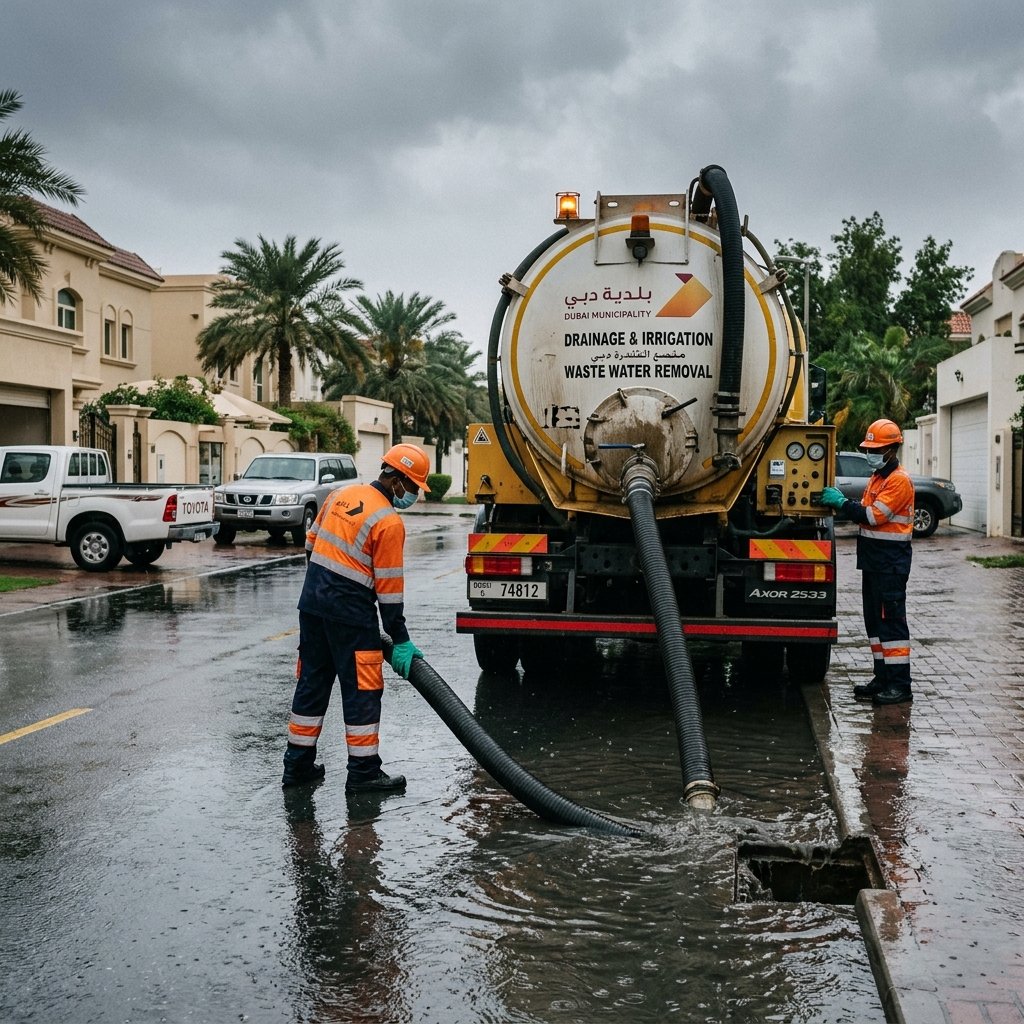 Tanker truck removing flood and waste water from a Dubai property