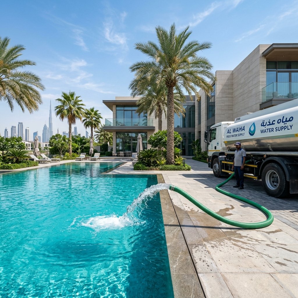 Swimming pool water supply tanker delivering fresh water in Dubai